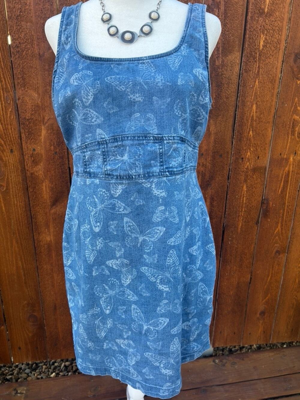 Women Denim Sleeveless Sundress Size L Blue Butterfly Print Shift Dress EUC